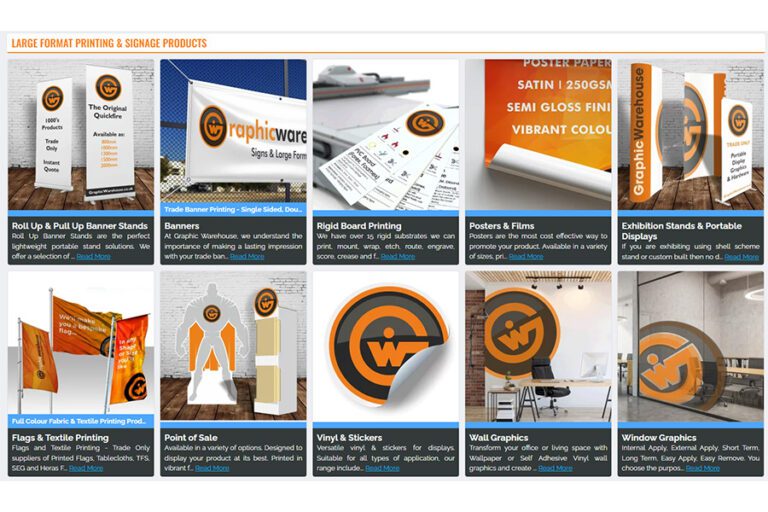 A screen shot of all the signage and wide-format print products Graphic Warehouse produces including banners, flags, and stickers