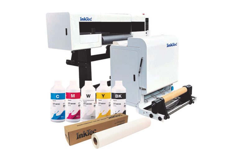A mockup of InkTec Europe's direct to film products including a printer in the background, a direct to film printer in the middle and ink cartridges showing CMYK colours in the foreground