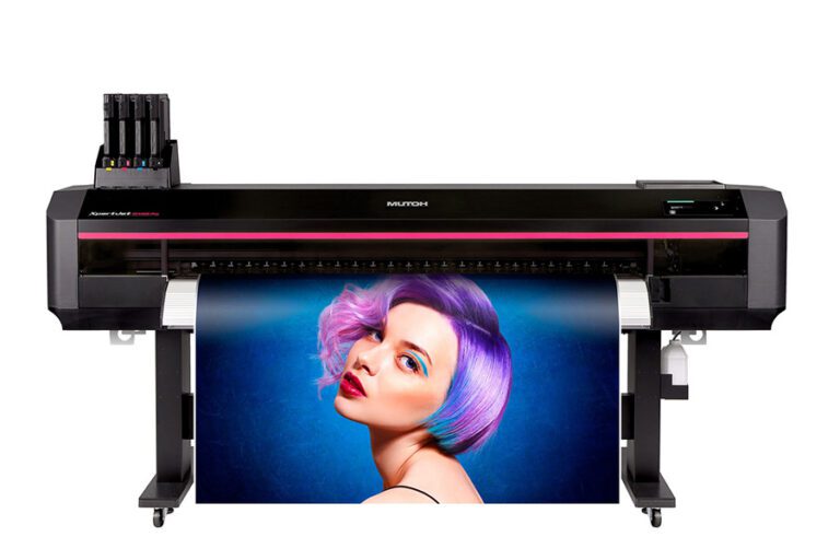 A mockup of Mutoh's wide-format printer, it has a black frame and is shown printing a vibrant print with a black and blue ombre background and a woman with short pink and purple hair in the centre looking to the camera over her shoulder