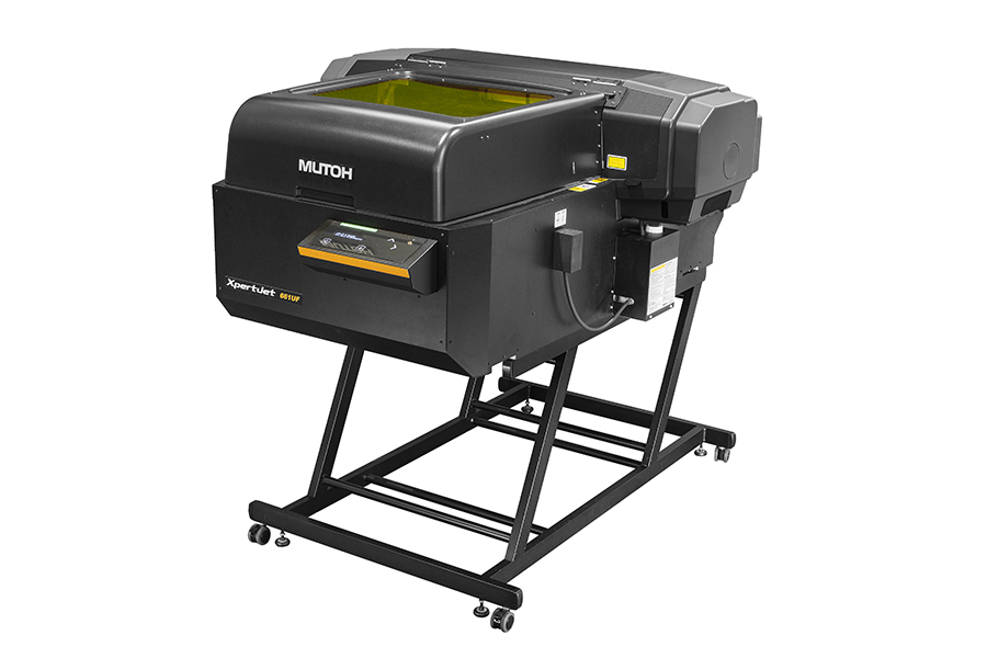 The Mutoh XpertJet 661UF direct to object printer. It has a black chassis and is on a black frame with wheels for feet. The background is white