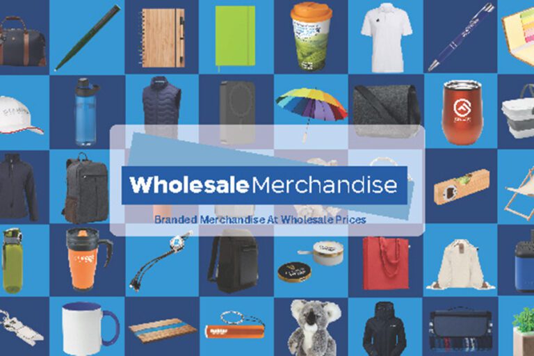 A blue grid-style background featuring images of different forms of merchandise including coffee cups, t-shirts, notebooks and more with the Wholesale Merchandise logo in front