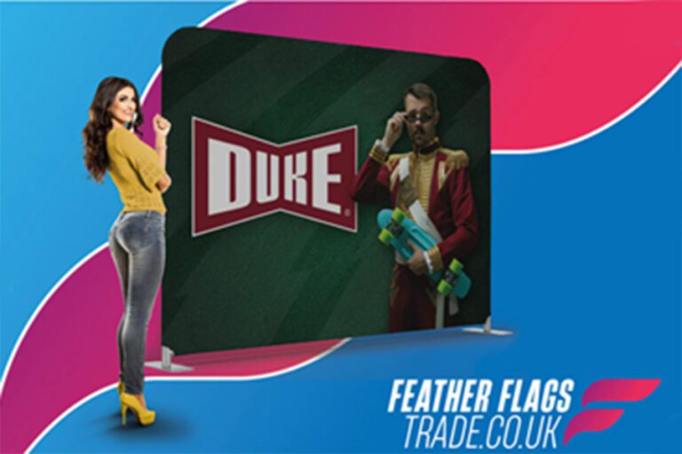 A graphic mock-up of a large banner with a lady wearing jeans and a yellow top modelling it