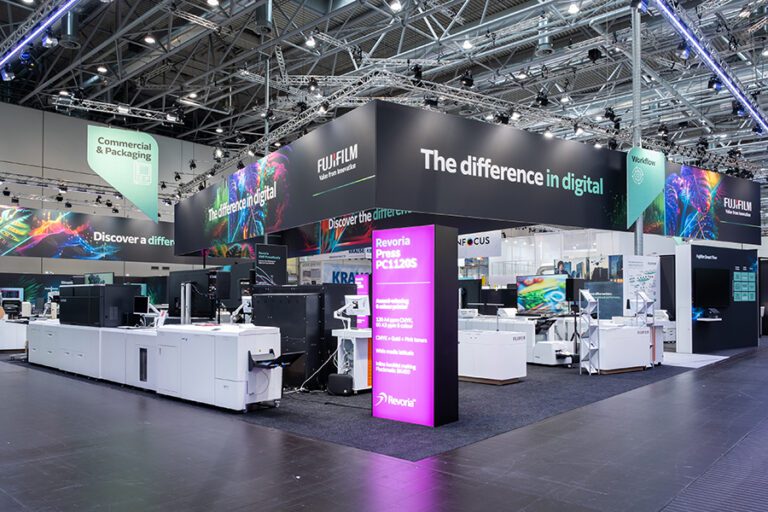 Fujifilm's stand at drupa showing a range of its printers